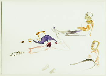 Performance for one person at the entrance of the exhibition space 'Neue Neue Galerie', silver shoes are passed on from one performer to the next one. Kirsten Kötter, water colour, 17 x 24 cm, 07.06.2017