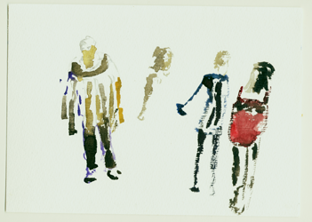 sculpturetones: Axel Schweppe wears his special garment which is also a musical instrument.  Aquarell / watercolour, 17 x 24 cm: Kirsten Kötter